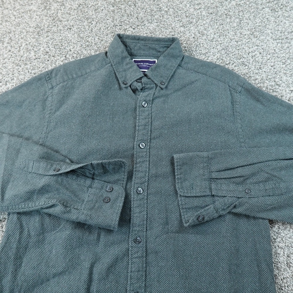 Charles Tyrwhitt Shirt Mens M Green Dobby Knit Flannel Button Up Long Sleeve Top